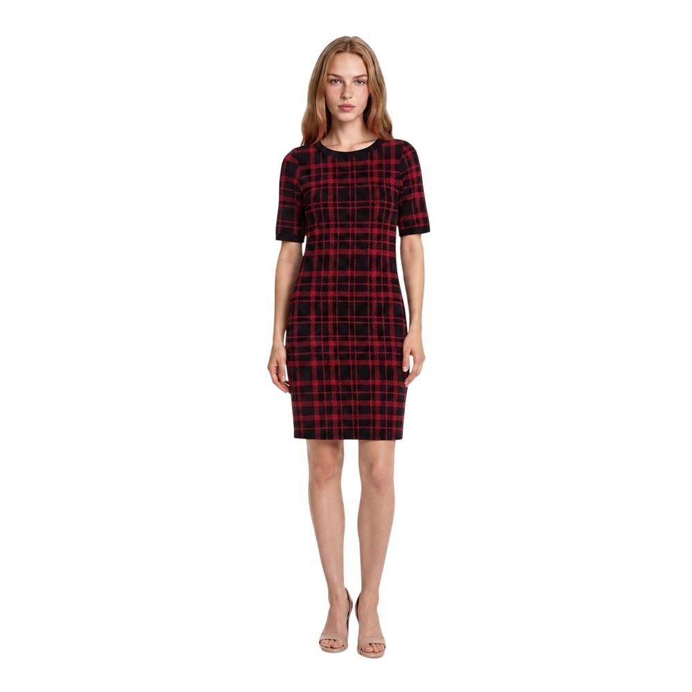 Jude Connally Plaid Sheath Dress Women's Size Small Red Black Stretch